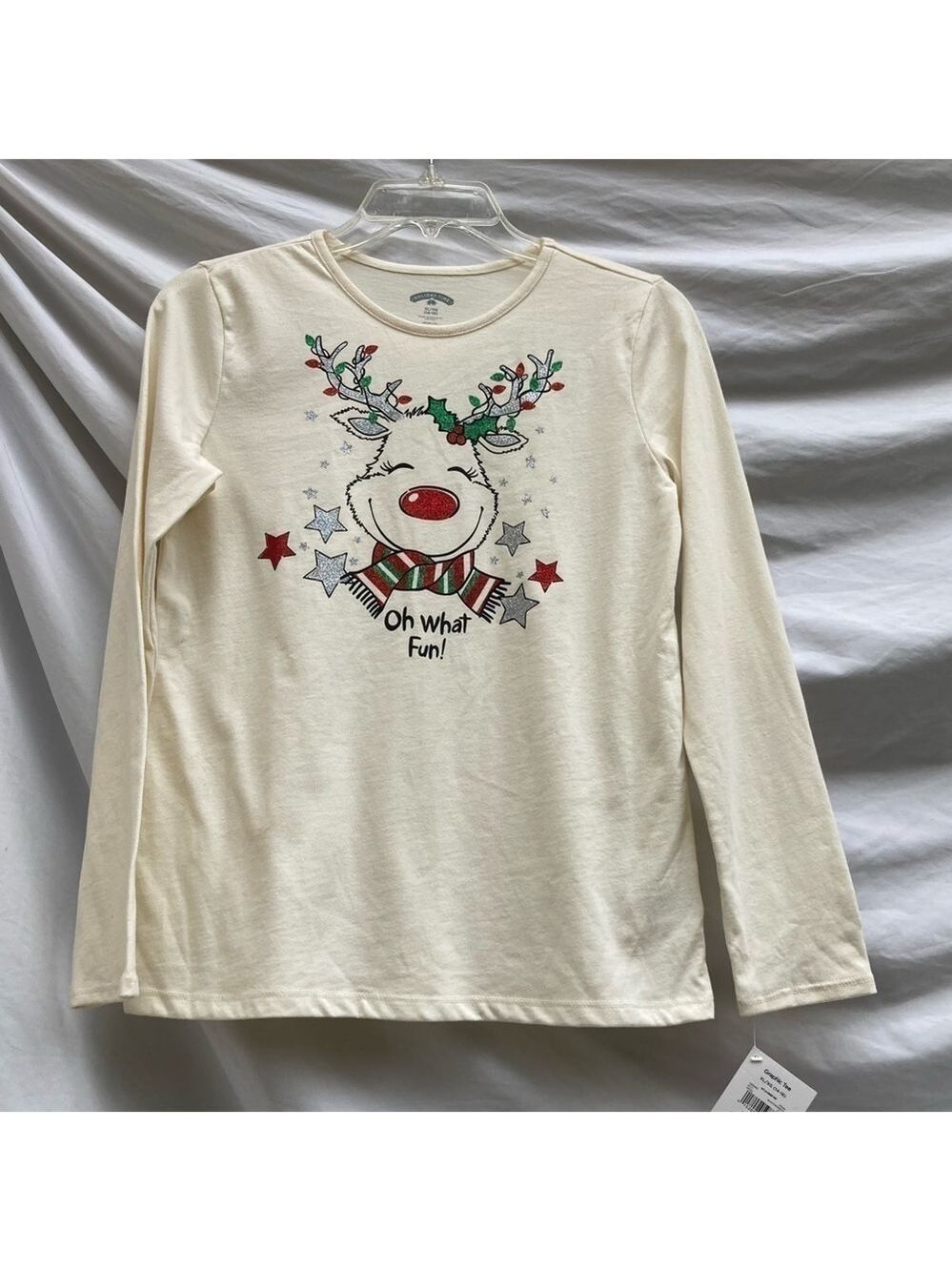 Holiday Time Net Cream Reindeer Holiday Shirt, Size 14-16